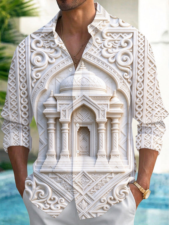 Adaychic Men's Marble Palace Relief Architecture Print Long Sleeve Shirt with Chest Pocket