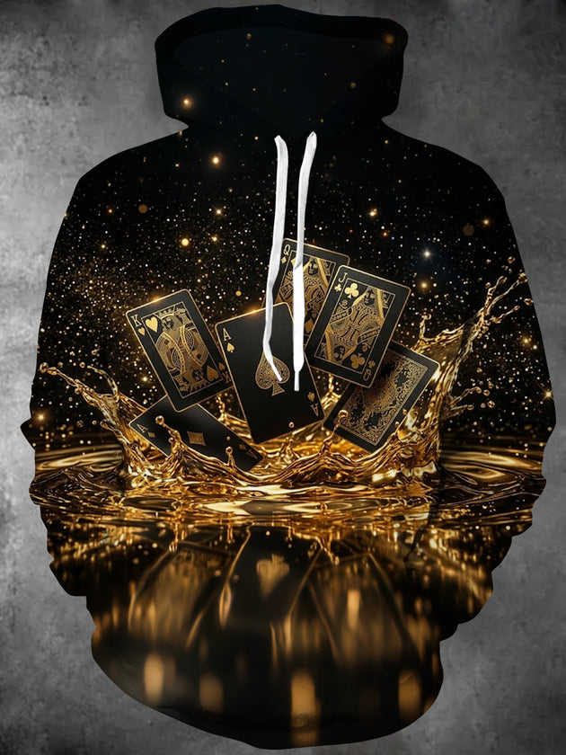 Adaychic Men's Playing Cards And Gold Liquid Splash Print Long Sleeve Hoodie