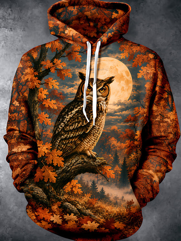 Adaychic Men's Long Sleeve Pullover Hoodie - Owl On Tree Branch With Autumn Leaves And Full Moon Print with Kangaroo Pocket