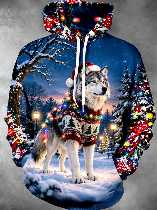 Adaychic Men's Christmas Wolf In Sweater And Santa Hat Print Long Sleeve Hoodie