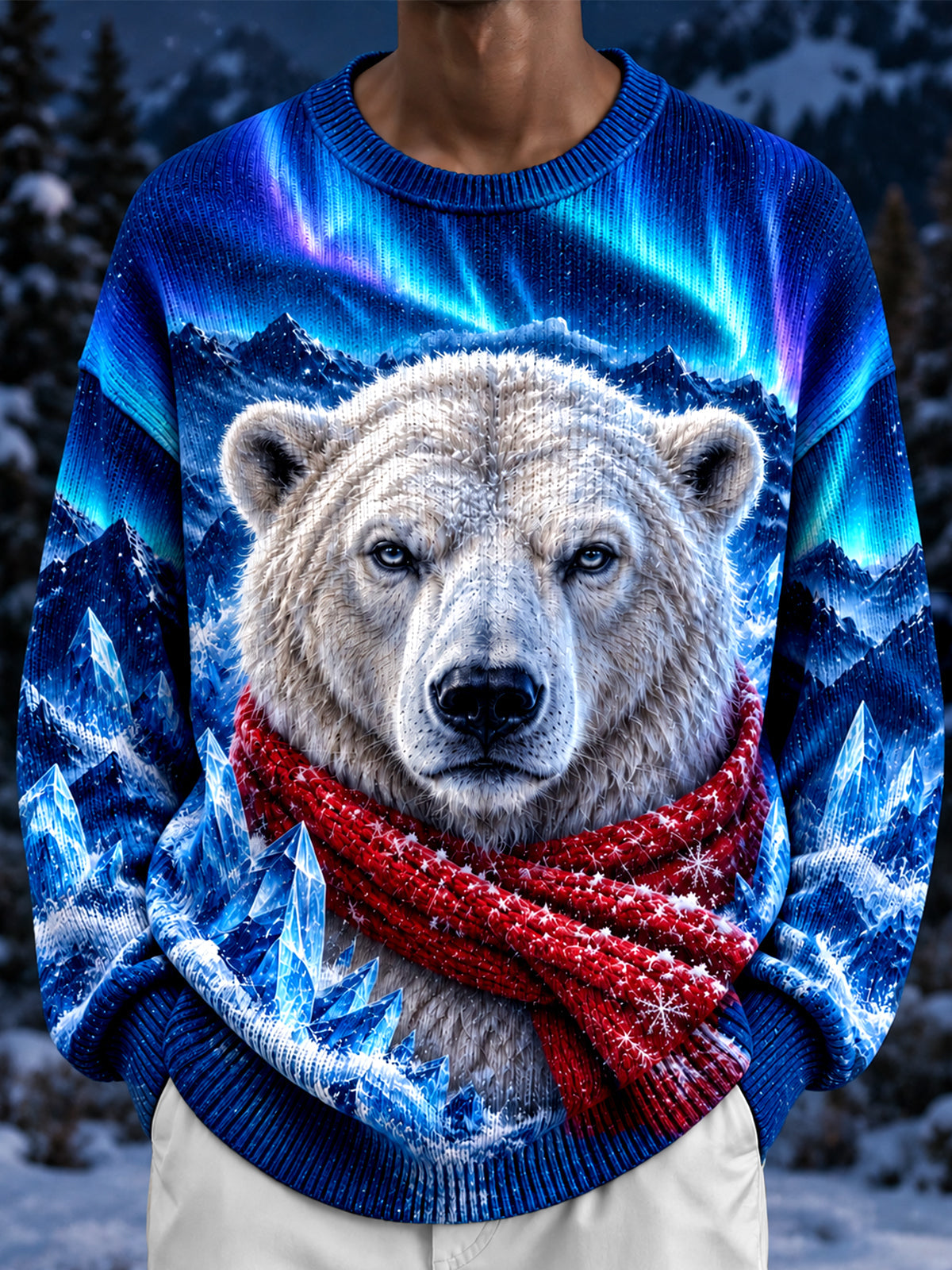Adaychic Men's Long Sleeve Crew Neck Sweater - Polar Bear With Red Scarf And Ice Crystals Print