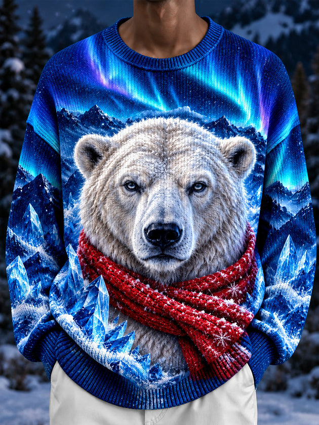 Adaychic Men's Long Sleeve Crew Neck Sweater - Polar Bear With Red Scarf And Ice Crystals Print