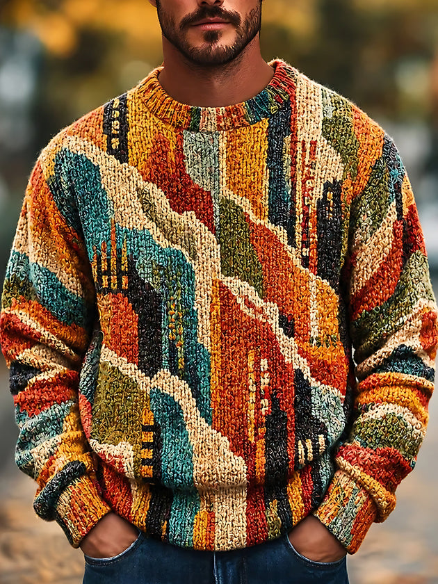 Adaychic Men's Abstract Geometric Color Blocks Print Long Sleeve Sweater
