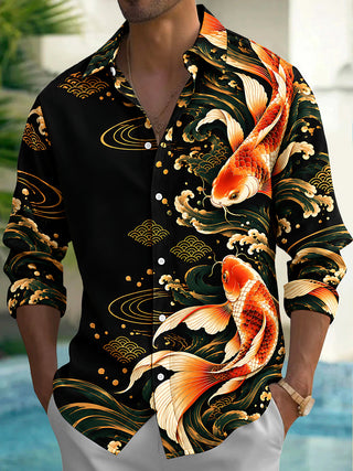 Adaychic Men's Hawaiian Koi Fish And Waves Print Long Sleeve Shirt with Chest Pocket
