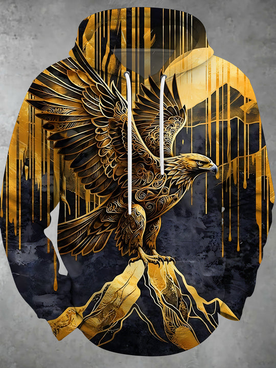 Adaychic Men's Graphic Gilded Eagle On Mountain Print Long Sleeve Hoodie