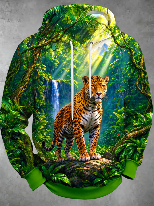 Adaychic Men's Tropical Jaguar In Rainforest Print Long Sleeve Pullover Hoodie with Kangaroo Pocket