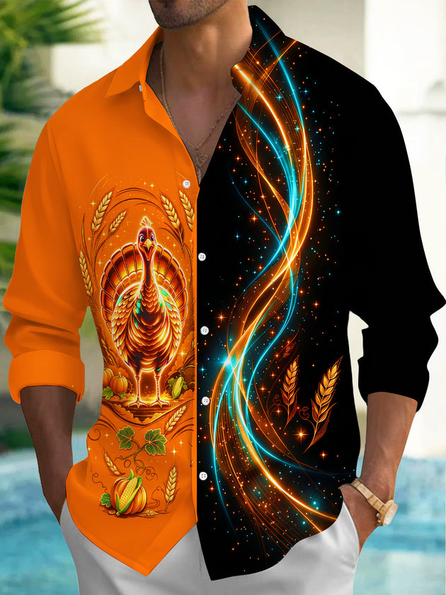 Adaychic Men's Long Sleeve Shirt - Thanksgiving Neon Turkey With Wheat And Pumpkins Print with Chest Pocket