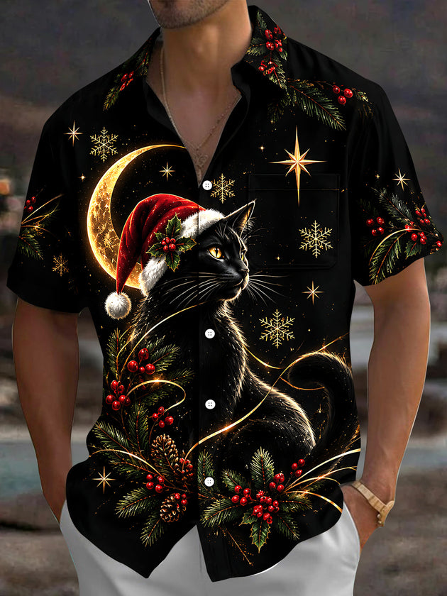 Adaychic Men's Short Sleeve Shirt - Black Cat Wearing Santa Hat With Holly And Pine Branches Print with Chest Pocket