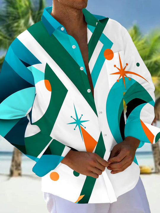 Adaychic Men's Geometric Abstract Shapes And Stars Print Long Sleeve Shirt with Chest Pocket
