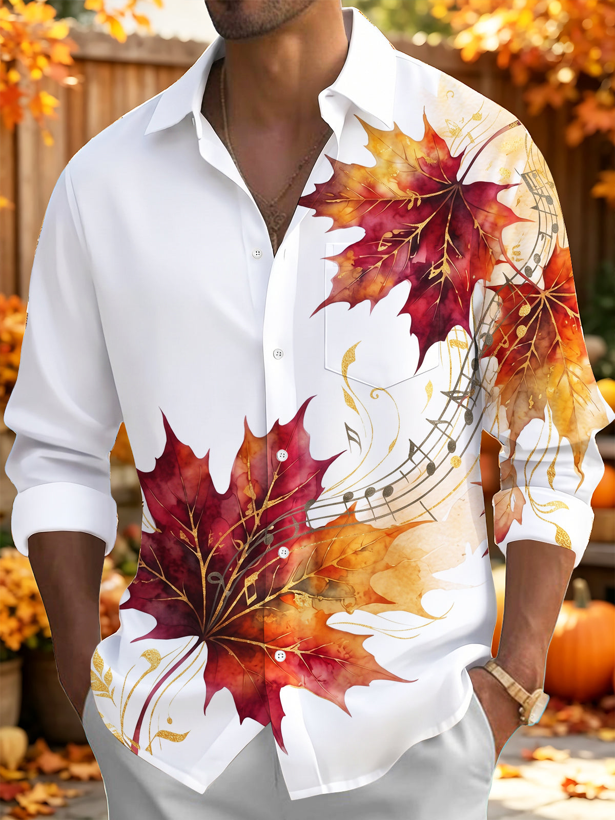Adaychic Men's Autumn Maple Leaves And Music Score Print Long Sleeve Shirt with Chest Pocket