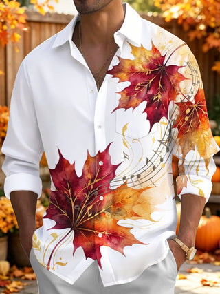 Adaychic Men's Autumn Maple Leaves And Music Score Print Long Sleeve Shirt with Chest Pocket