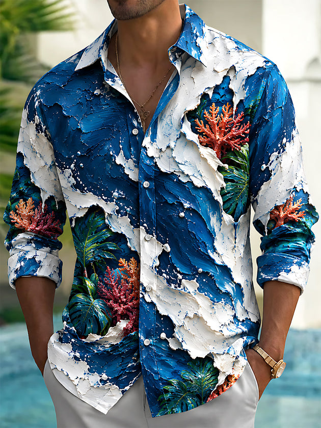 Adaychic Men's Hawaiian Coral Reefs And Tropical Leaves Print Long Sleeve Shirt with Chest Pocket