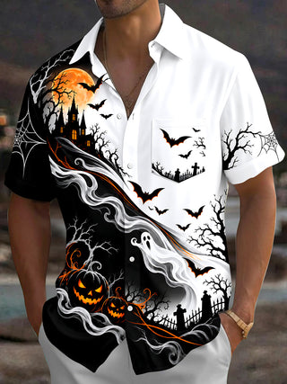 Adaychic Men's Graphic Halloween Ghosts And Pumpkins Print Short Sleeve Shirt with Chest Pocket