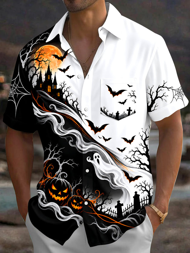 Adaychic Men's Graphic Halloween Ghosts And Pumpkins Print Short Sleeve Shirt with Chest Pocket