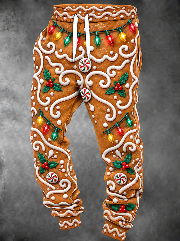 Adaychic Men's Printed Gingerbread Cookie With Icing Swirls Print Pants