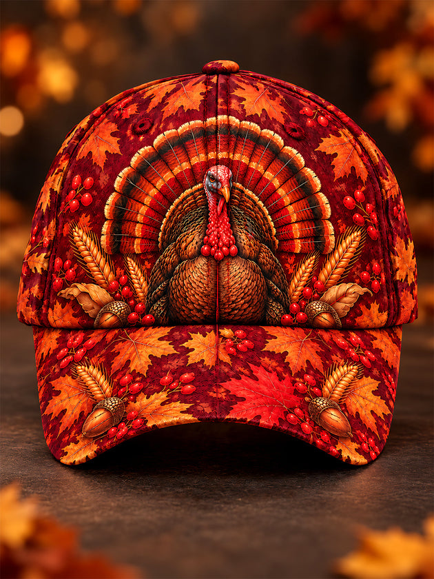 Adaychic Men's Baseball Cap - Thanksgiving Turkey With Autumn Leaves And Berries Print