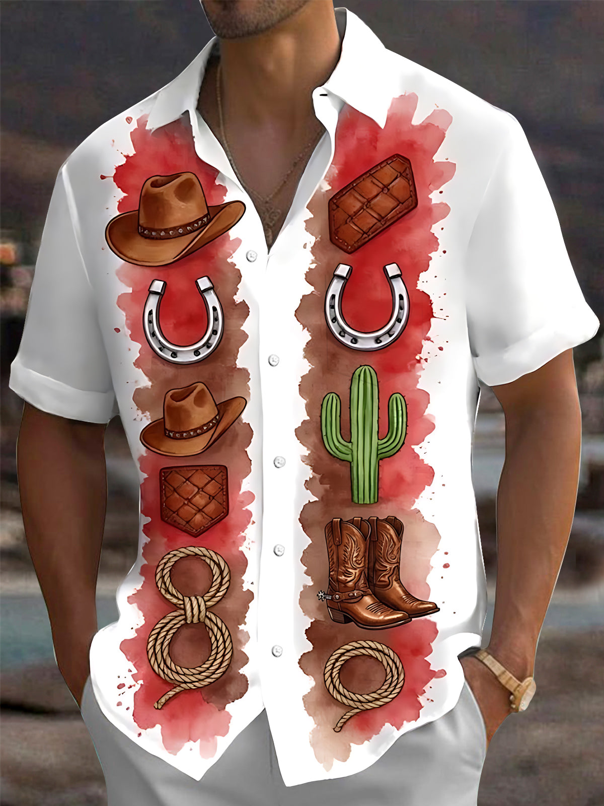 Adaychic Men's Printed Western Cowboy Motifs Print Short Sleeve Shirt with Chest Pocket