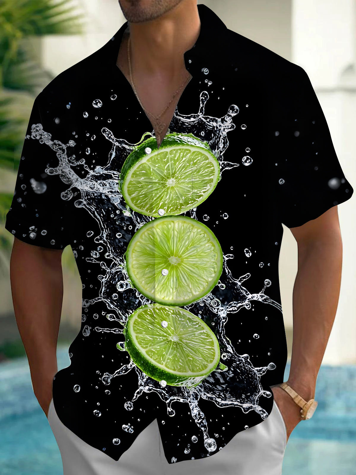 Adaychic Men's Hawaiian Lime Slices With Water Splash Print Short Sleeve Shirt with Chest Pocket