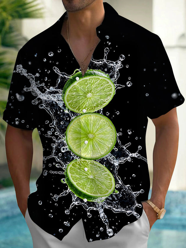 Adaychic Men's Hawaiian Lime Slices With Water Splash Print Short Sleeve Shirt with Chest Pocket