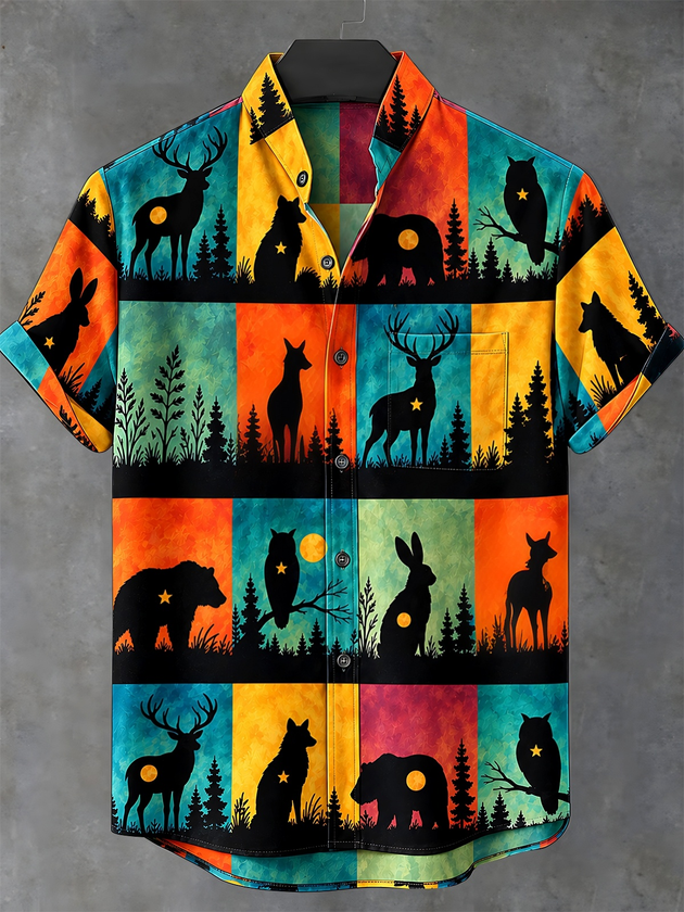 Adaychic Men's Forest Animals Silhouettes Print Short Sleeve Stand Collar Shirt with Chest Pocket