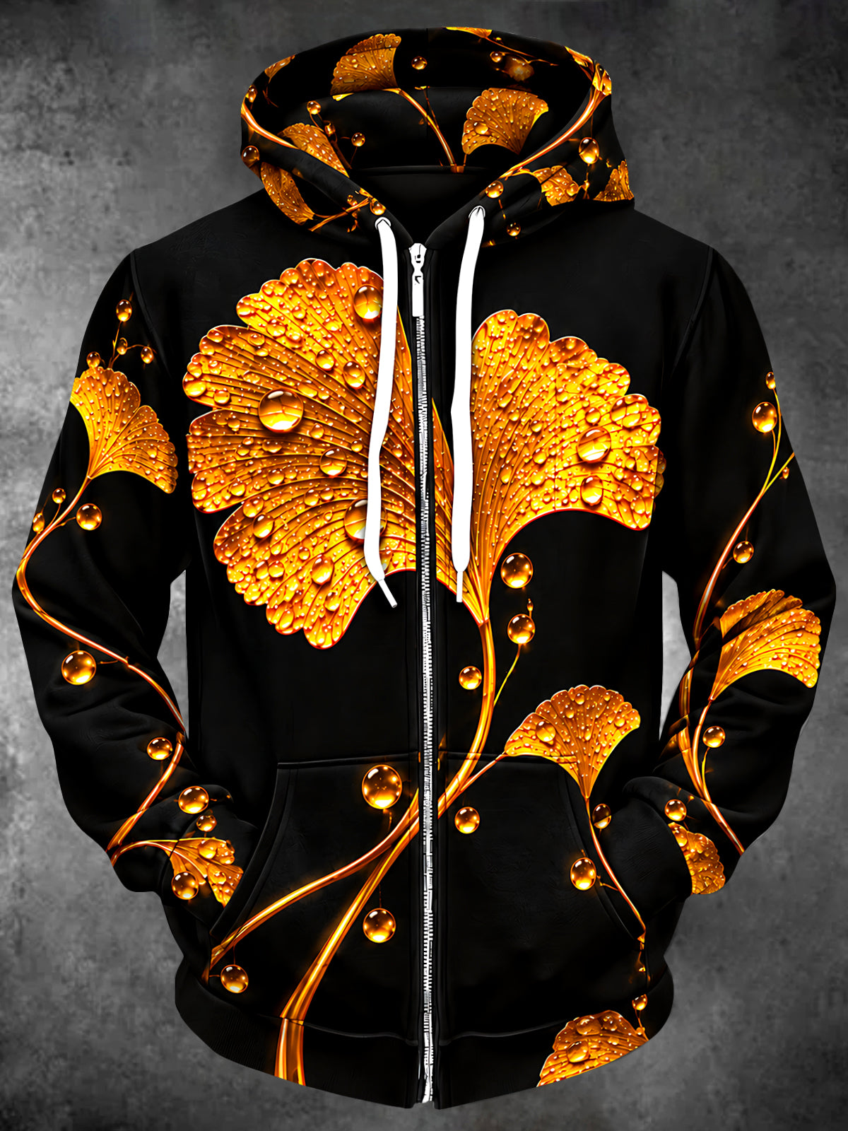 Adaychic Men's Ginkgo Leaf And Water Droplets Print Long Sleeve Zip-Up Hoodie