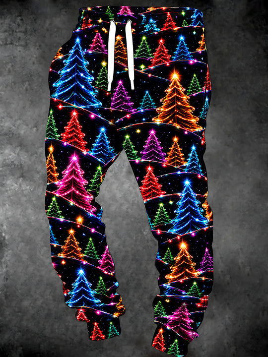 Adaychic Men's Graphic Neon Christmas Trees And Lights Print Pants