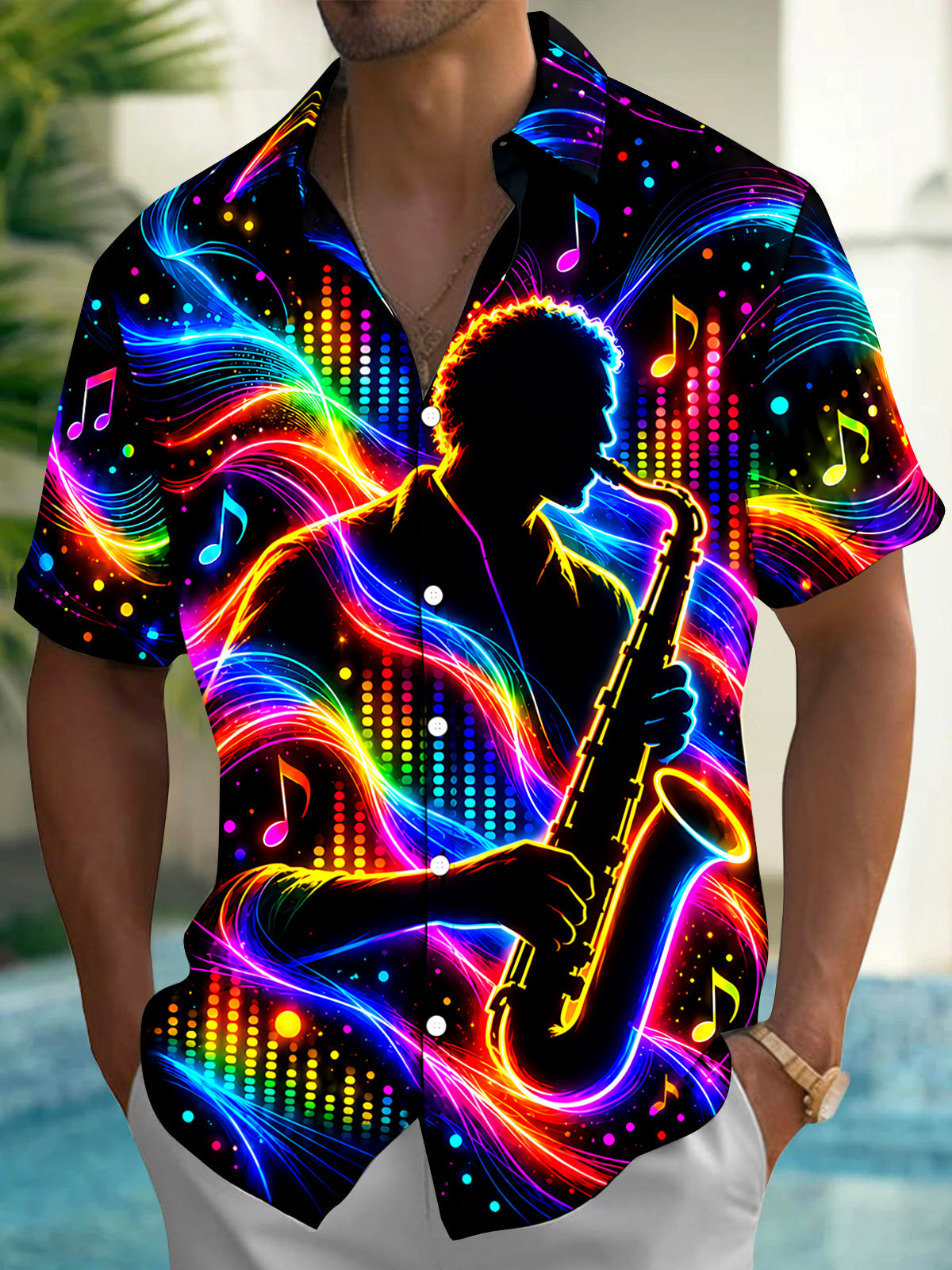 Adaychic Men's Neon Saxophone Player And Music Notes Print Short Sleeve Shirt with Chest Pocket