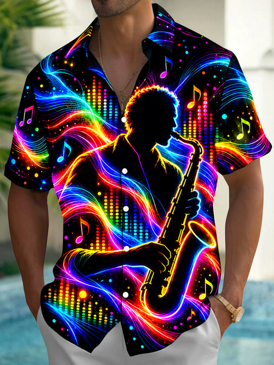 Adaychic Men's Neon Saxophone Player And Music Notes Print Short Sleeve Shirt with Chest Pocket