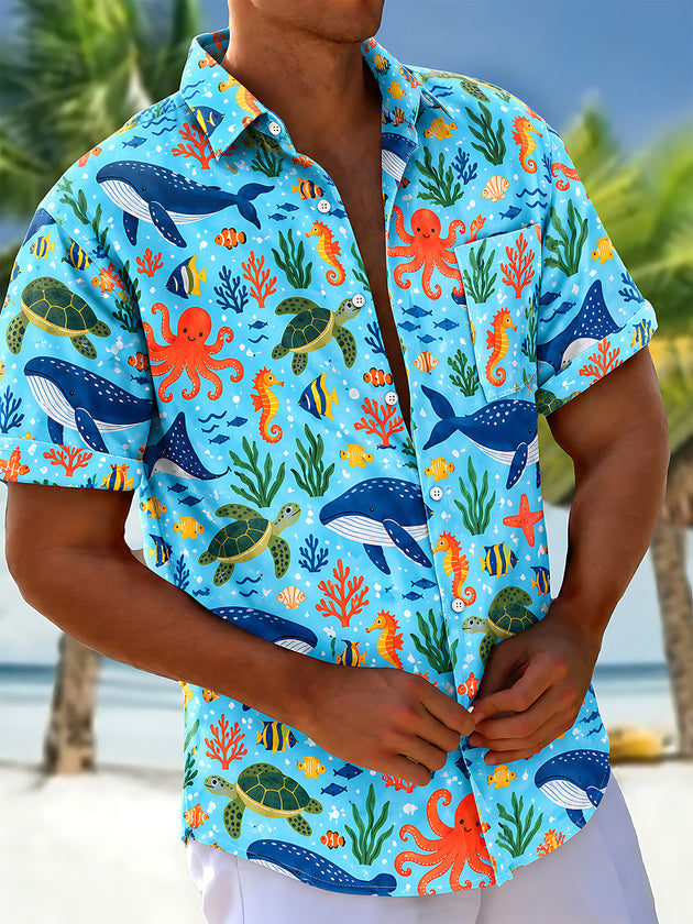 Adaychic Men's Marine Life And Ocean Creatures Print Short Sleeve Shirt with Chest Pocket