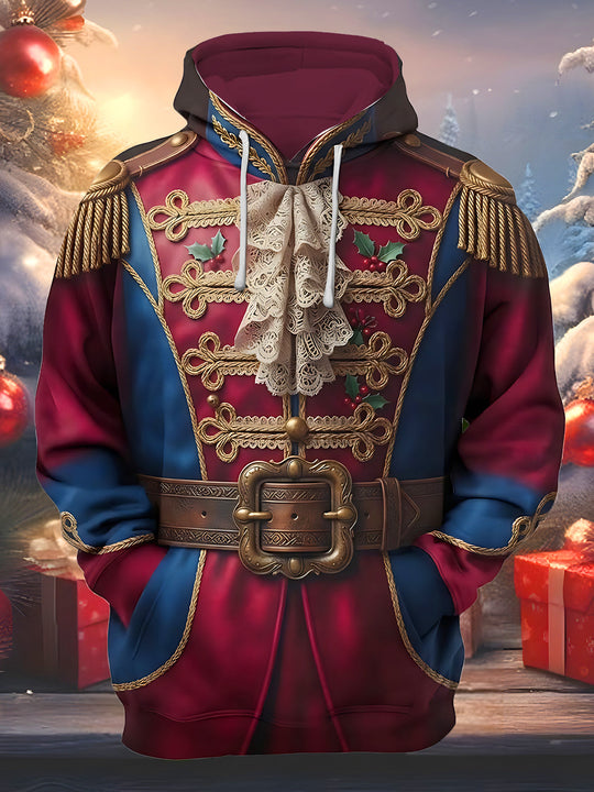 Adaychic Men's Long Sleeve Hoodie - Christmas Vintage Military Uniform With Holly And Lace Print