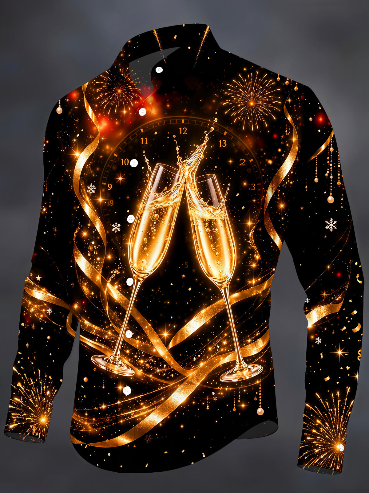 Adaychic Men's New Year Champagne Glasses And Clock Print Long Sleeve Shirt with Chest Pocket