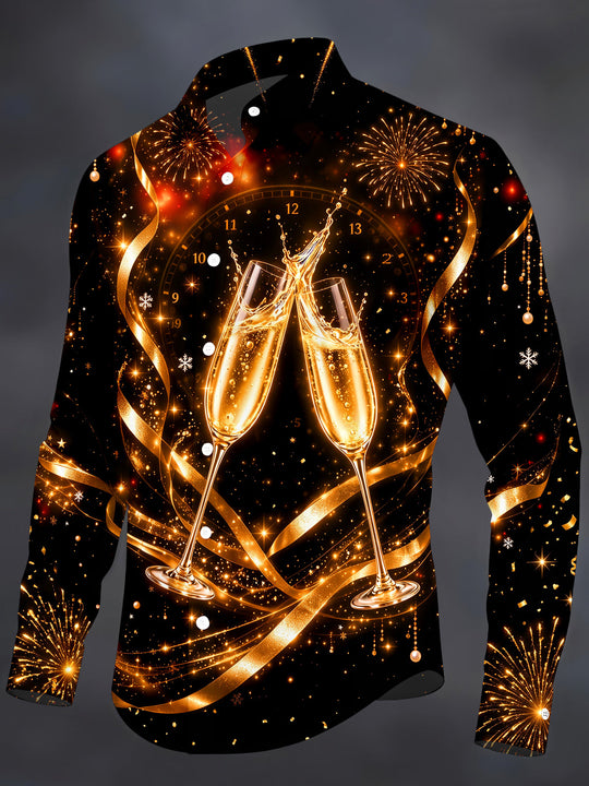 Adaychic Men's New Year Champagne Glasses And Clock Print Long Sleeve Shirt with Chest Pocket