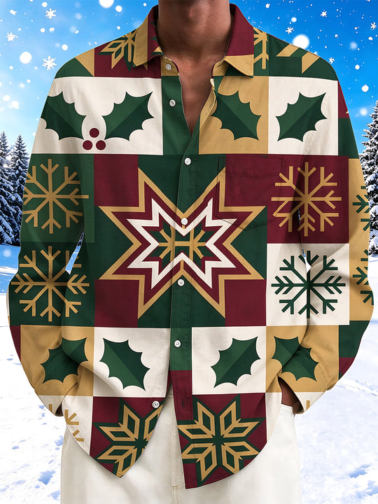 Adaychic Men's Long Sleeve Shirt - Christmas Patchwork With Holly Leaves And Snowflakes Print with Chest Pocket