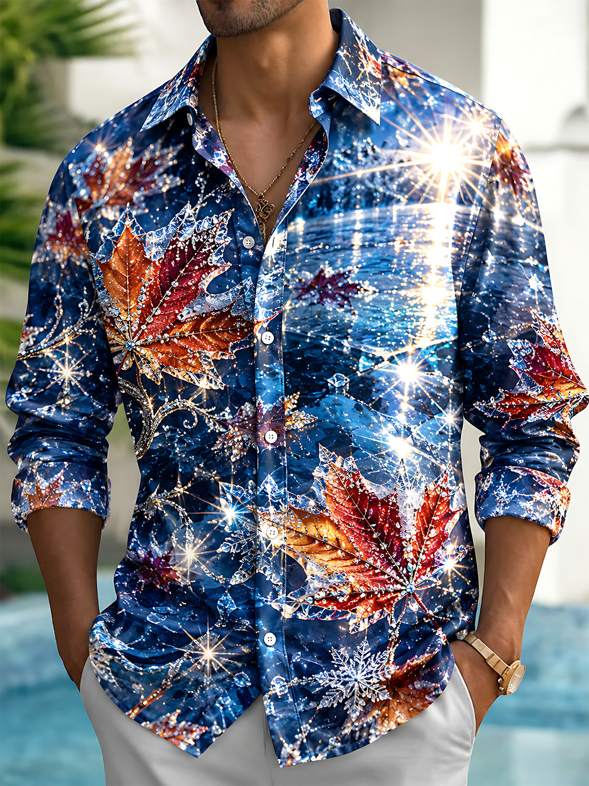 Adaychic Men's Printed Maple Leaves And Snowflakes Print Long Sleeve Shirt with Chest Pocket