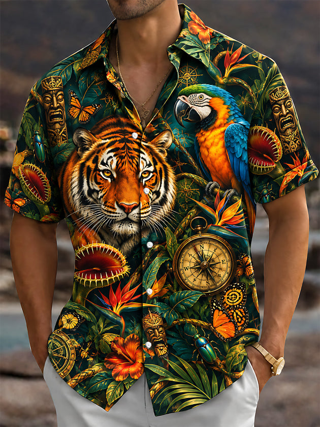 Adaychic Men's Hawaiian Tiger And Macaw Parrot Print Short Sleeve Shirt with Chest Pocket