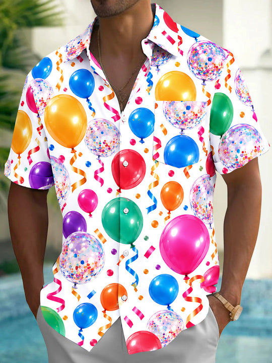 Adaychic Men's Hawaiian Colorful Balloons And Confetti Print Short Sleeve Shirt with Chest Pocket