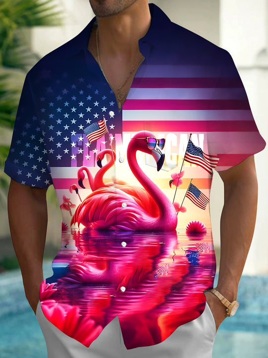 Men's short sleeve floral American flag print shirt front view for Independence Day