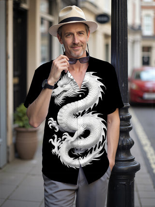 Men's dragon print short sleeve shirt front view