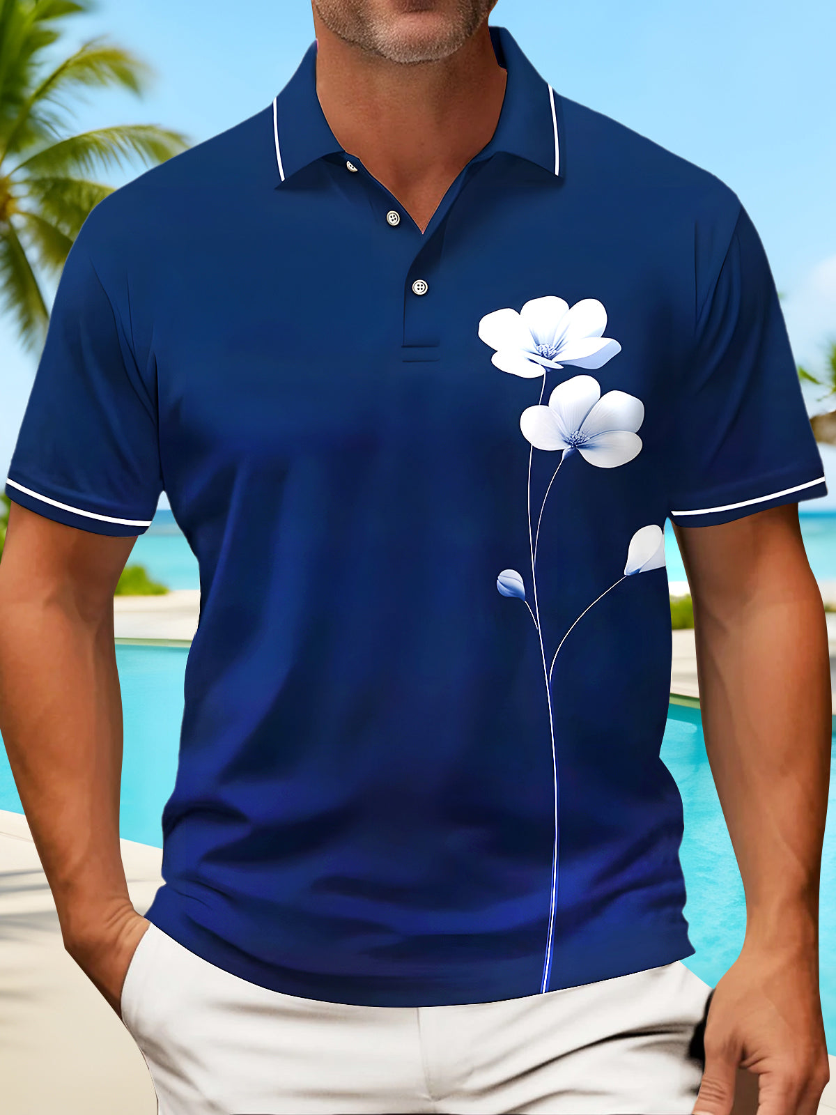 Basic Floral Men's Short Sleeve Button Polo Shirt