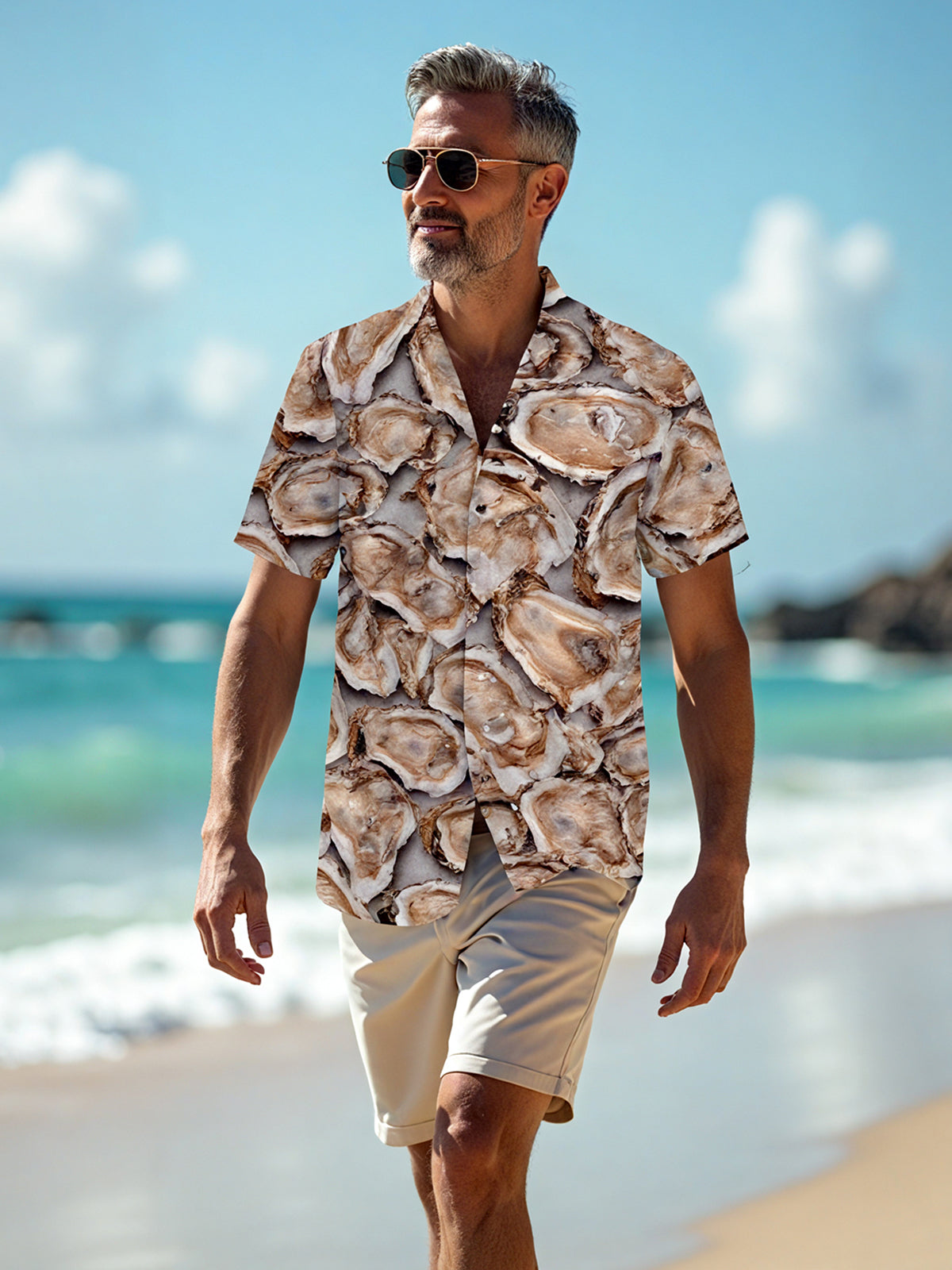 Seafood Oyster Print Men's Pocket Short Sleeve Shirts