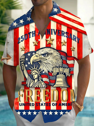 Men's retro eagle print short sleeve shirt front view for Independence Day
