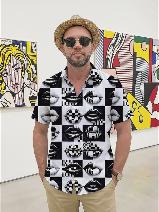 Black White Lips Print Men's Pocket Short Sleeve Shirts