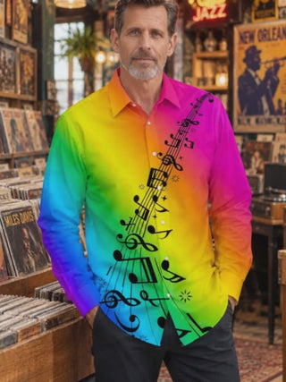 Adaychic Men's Long Sleeve Shirt - Rainbow Gradient With Musical Notes And Staff Print with Chest Pocket
