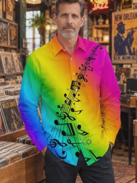 Adaychic Men's Long Sleeve Shirt - Rainbow Gradient With Musical Notes And Staff Print with Chest Pocket