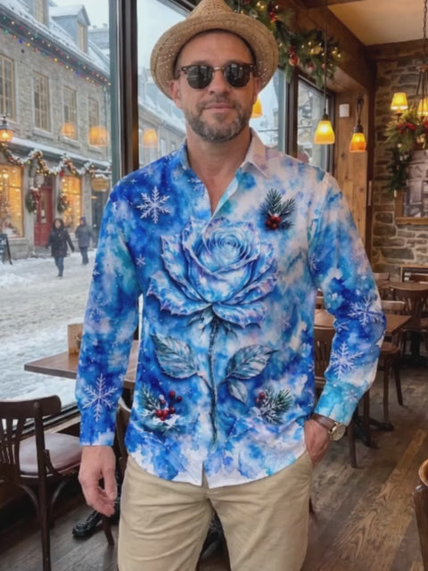 Adaychic Men's Long Sleeve Shirt - Blue Rose With Snowflakes And Winter Berries Print with Chest Pocket