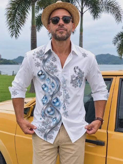 Adaychic Men's Christmas Ornaments And Snowflakes Print Long Sleeve Shirt with Chest Pocket