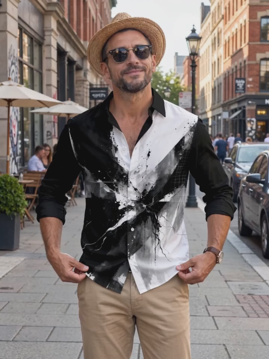 Adaychic Men's Long Sleeve Shirt - Abstract Black And White Ink Splatter With Geometric Grid Print with Chest Pocket