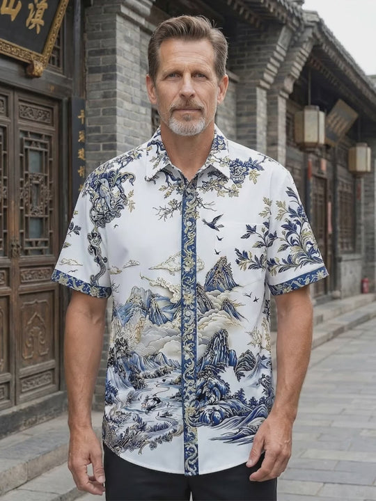 Art Landscape Blue And White Porcelain Mountains Flowers And Birds Men's Pocket Short Sleeve Shirts