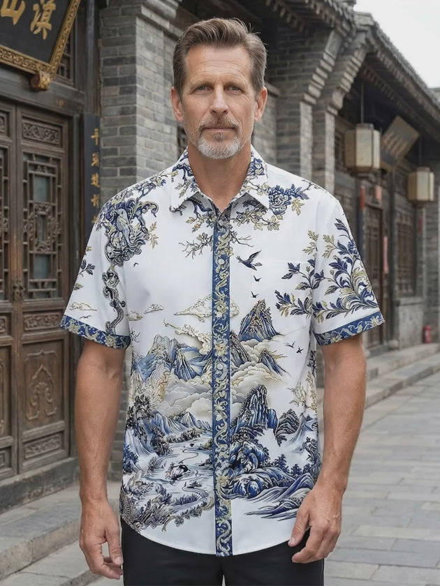 Art Landscape Blue And White Porcelain Mountains Flowers And Birds Men's Pocket Short Sleeve Shirts