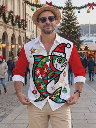 Adaychic Men's Geometric Fish With Santa Hat Print Long Sleeve Shirt with Chest Pocket